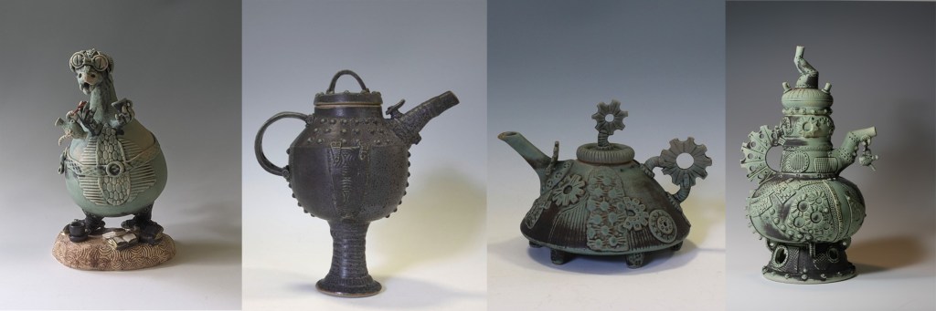 row of handmade ceramic teapots
